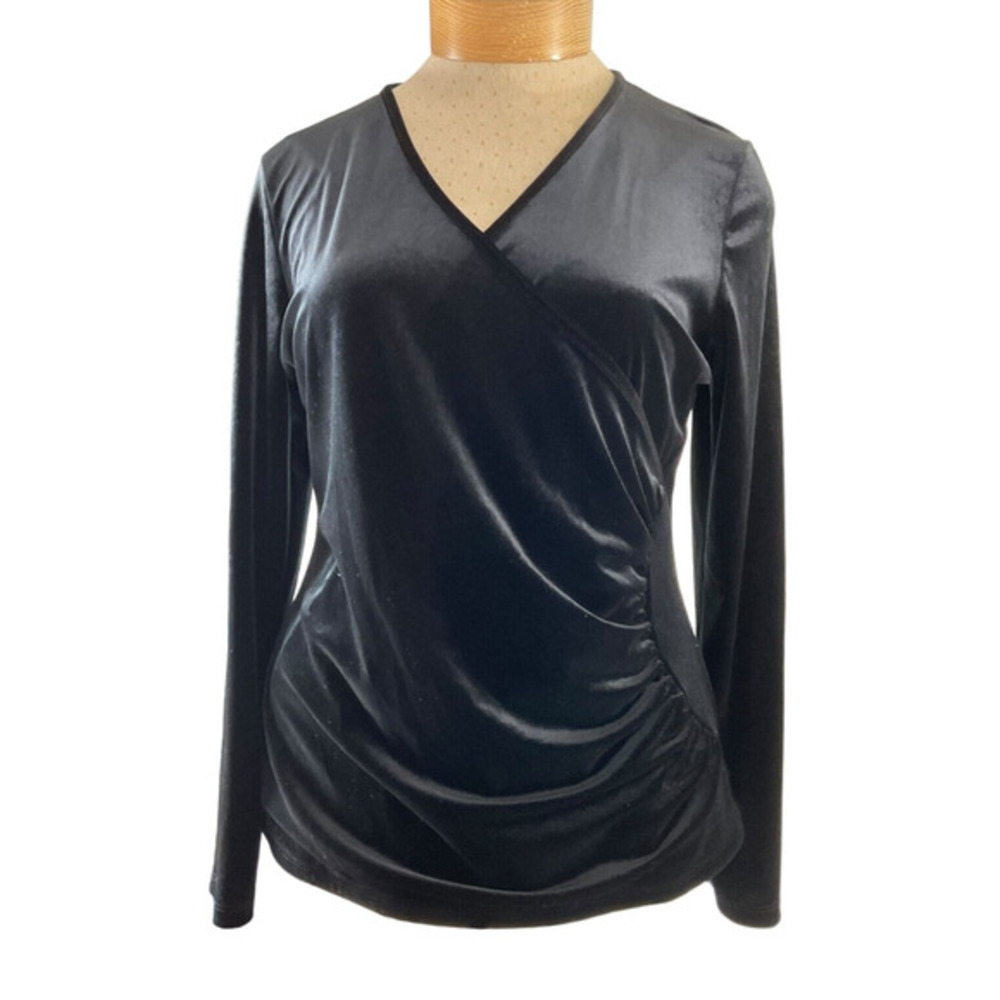 Jon Den Black Velvet Ruched Wrap V Neck Long Sleeve Top Women Size‎ XL Holiday